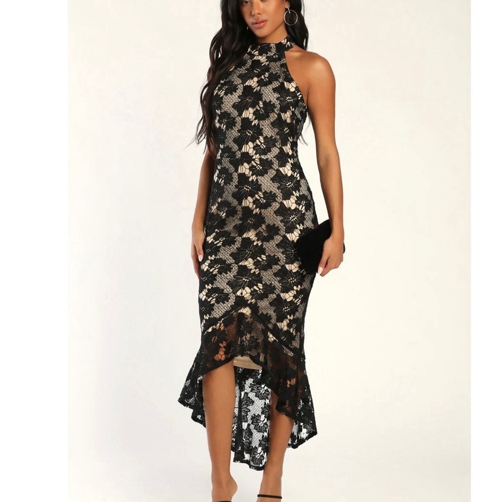 Lulus All the Charm Black Lace Sleeveless Hi Low Halter Mermaid Dress Size XL